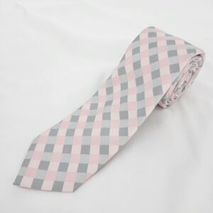 JF J. Ferrar Mens Pink Gray Gingham Tie Classic Business Formal Neckwear Necktie